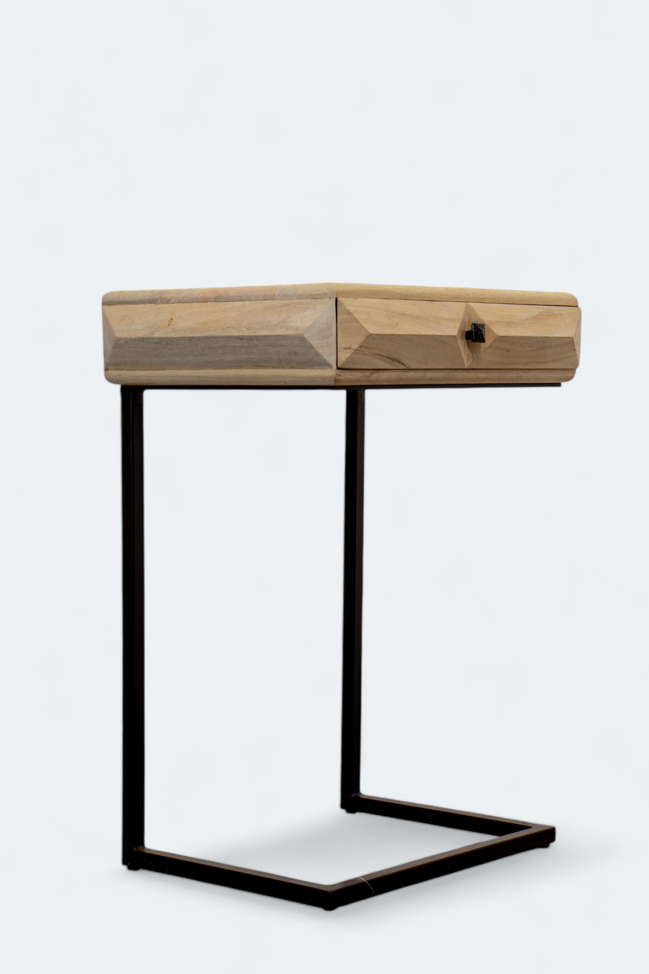 White Wood and Black Iron C Shaped Table