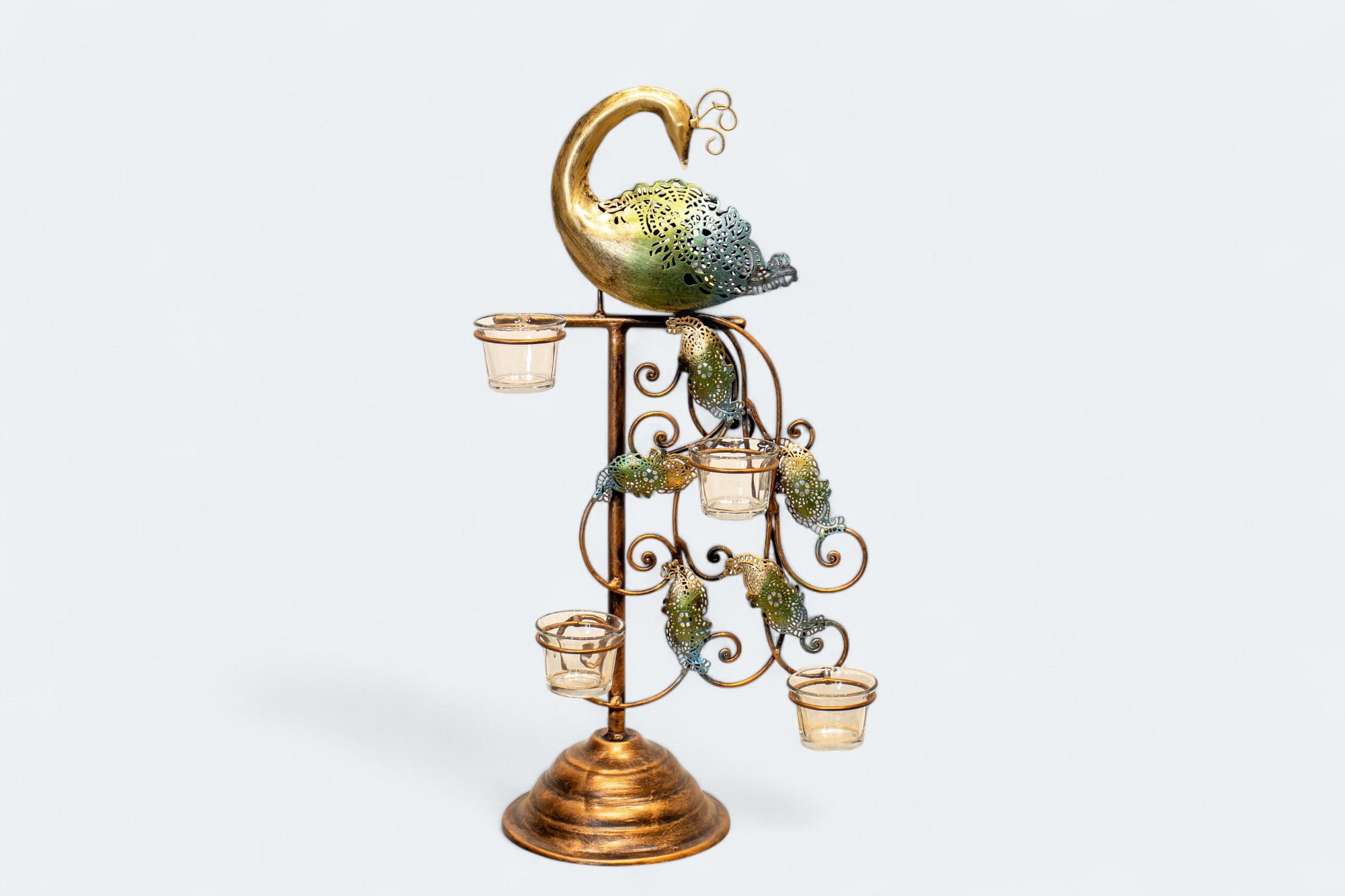 Four Wicks Peacock Iron Candle Holder