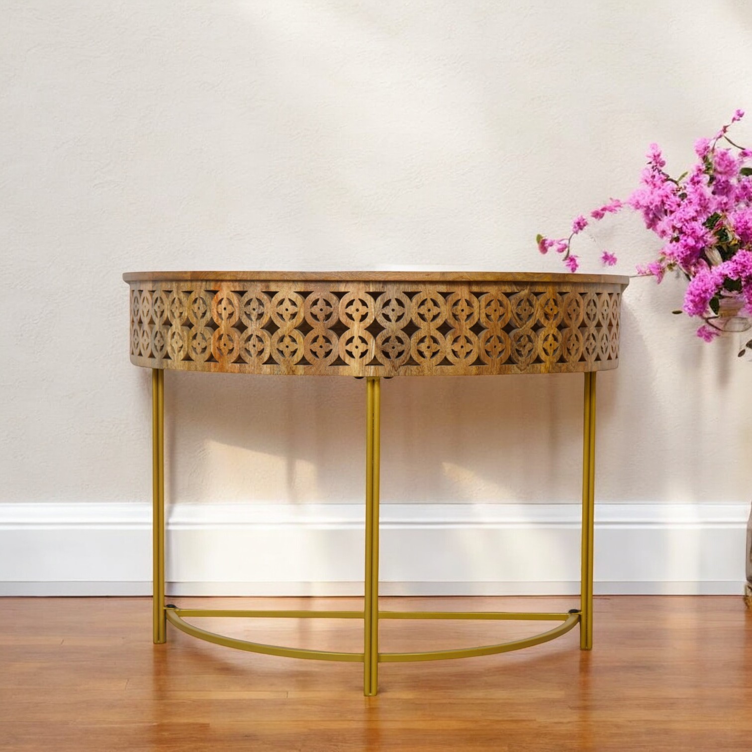Intricate Carved Half Moon Console Table
