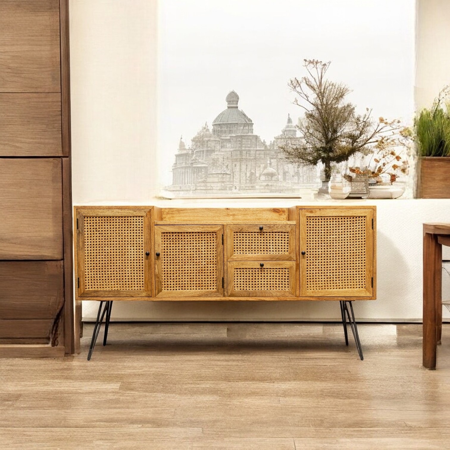 Rattan Weave Accent Cabinet
