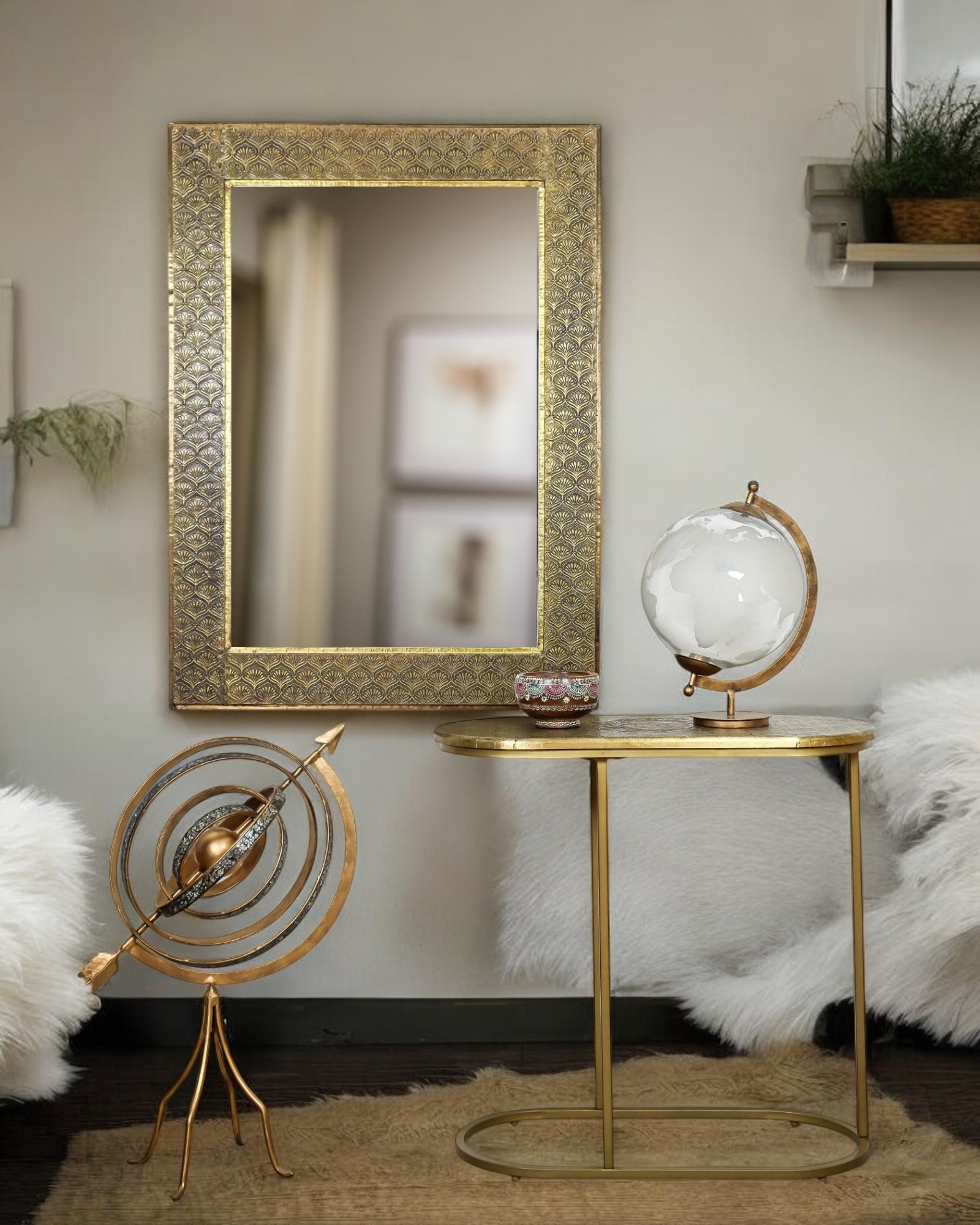 Antique Gold Embossed Rectangle Wall Mirror